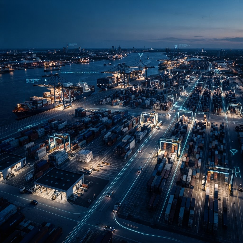 Aerial view of a modern automated container port terminal at blue hour